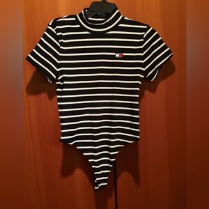 Tommy Hilfiger Black and White Mock Turtleneck  Striped Bodysuit top Sz M